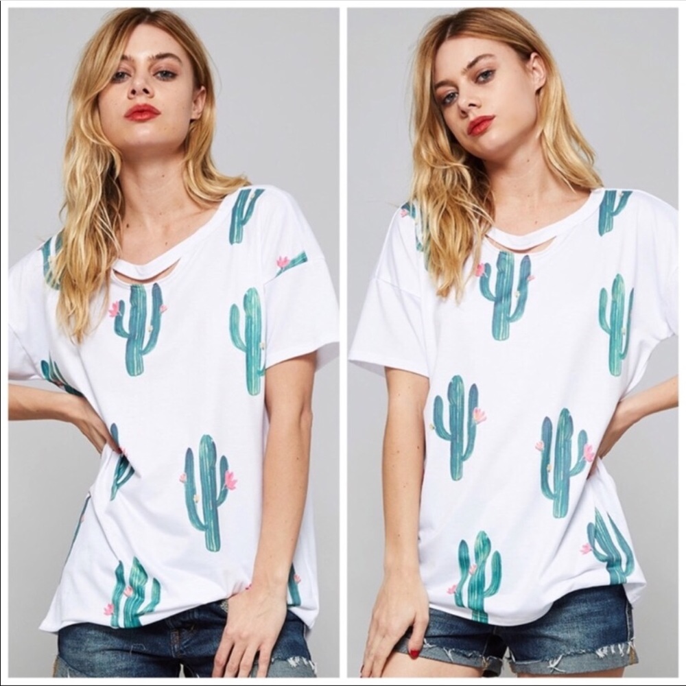 Promesa Cactus Print Distressed Short Sleeve Tee with Cutout